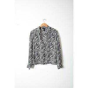Color Fx Silk Blouse Women L Black White Zebra Print Button Up Long Sleeve‎ y2k